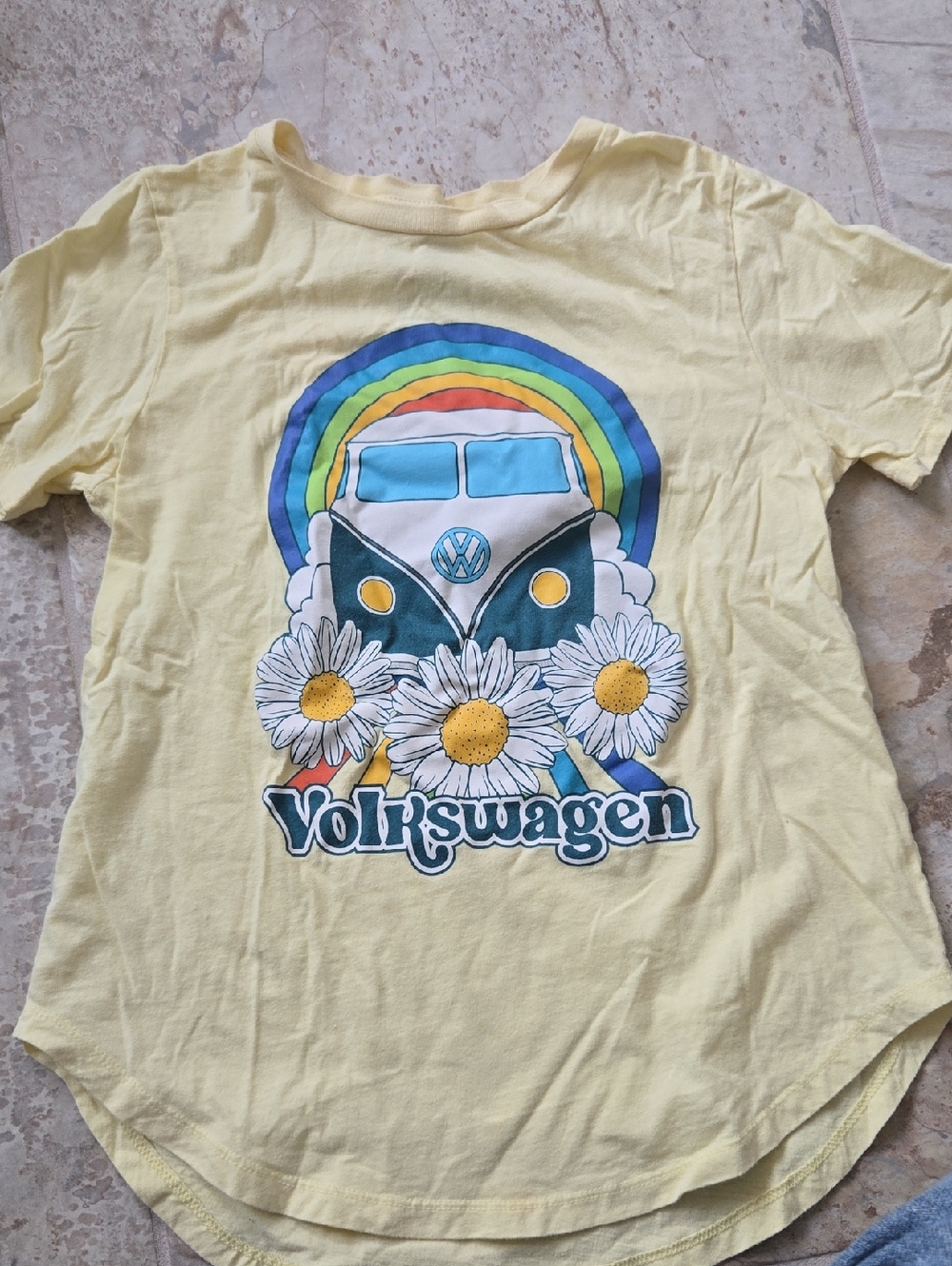 Volkswagen Yellow Short Sleeve Graphic Tee with Rainbow & Daisy Design